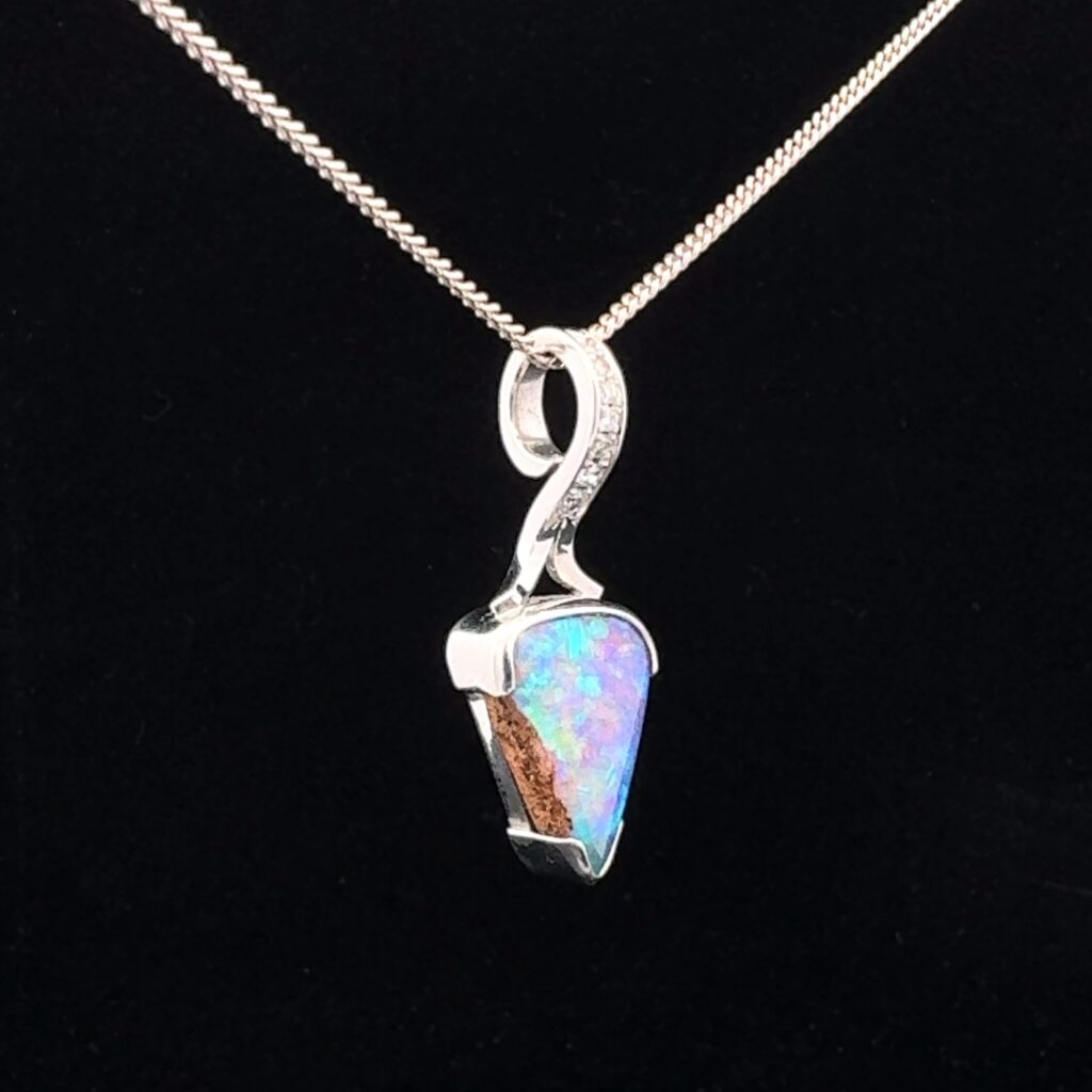 'Ocean Floor' - 18K White Gold Solid Crystal Boulder Opal & Diamond Pendant