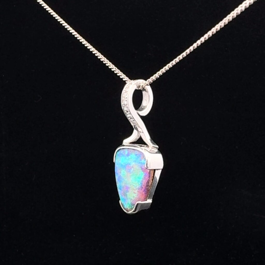 'Ocean Floor' - 18K White Gold Solid Crystal Boulder Opal & Diamond Pendant