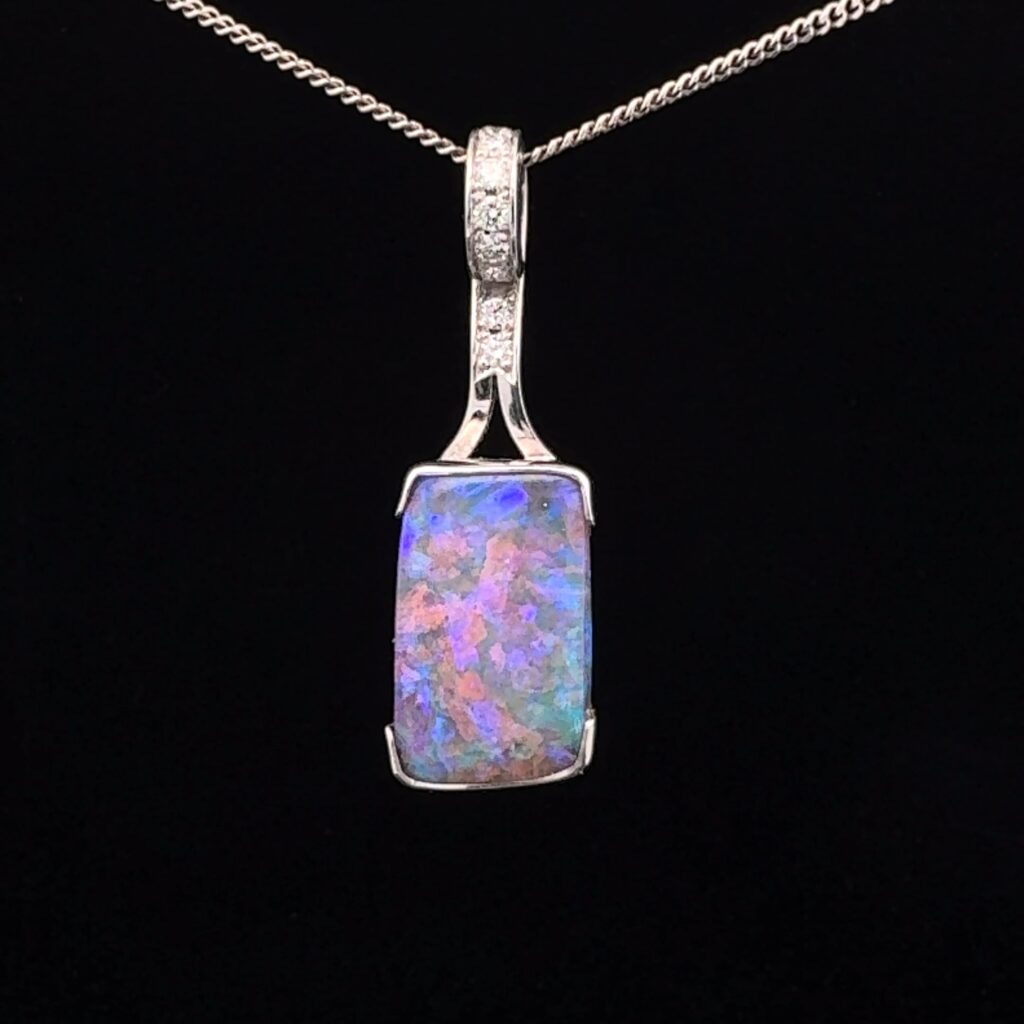 'Ocean Floor' - 18K White Gold Solid Crystal Boulder Opal & Diamond Pendant