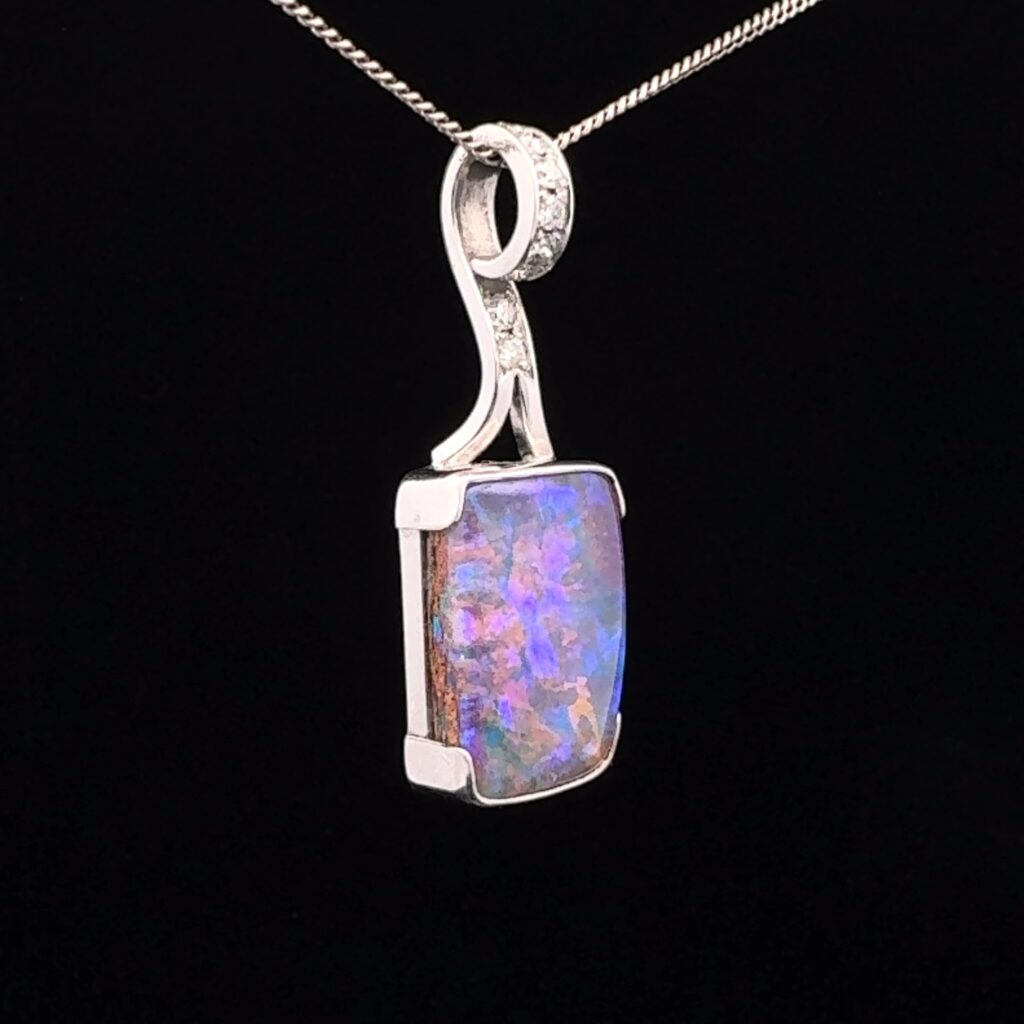 'Ocean Floor' - 18K White Gold Solid Crystal Boulder Opal & Diamond Pendant