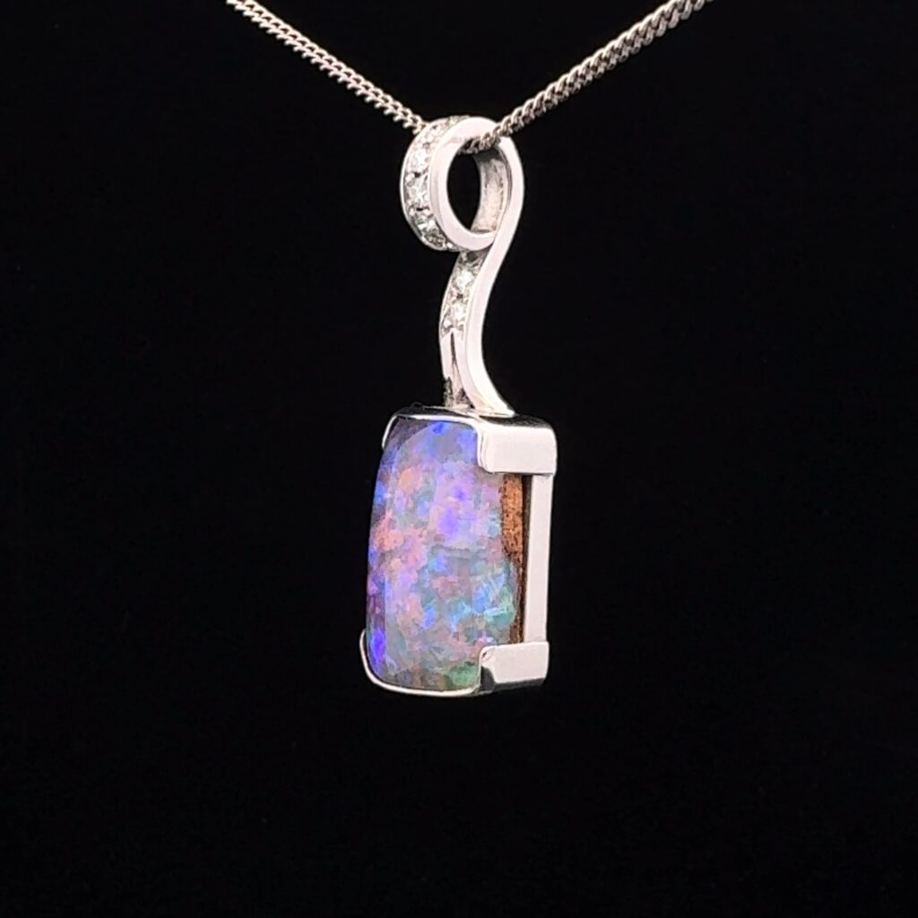 'Ocean Floor' - 18K White Gold Solid Crystal Boulder Opal & Diamond Pendant