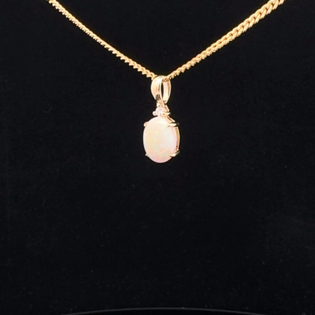 14K Yellow Gold Solid Crystal Opal & Diamond Pendant 52134