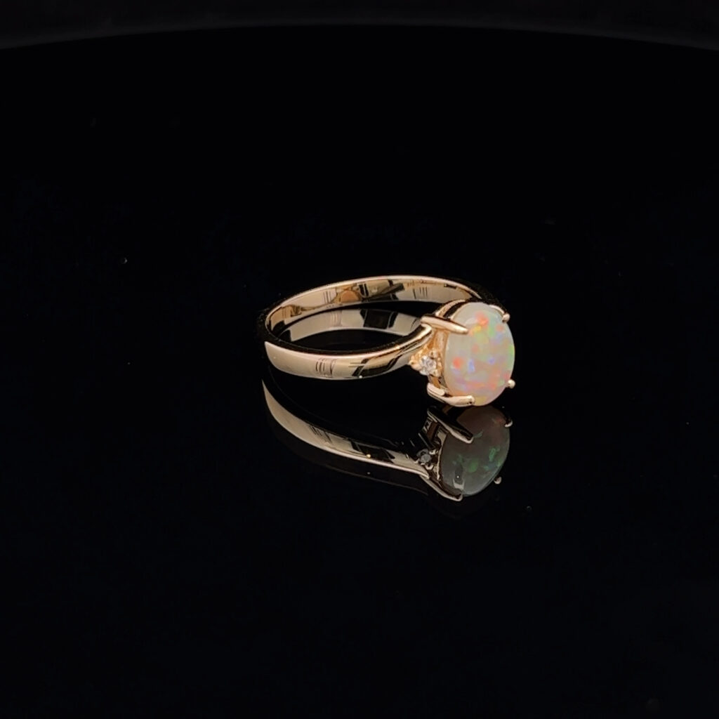 14K Yellow Gold Solid Crystal Opal & Diamond Engagement Ring