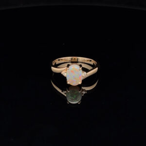 14K Yellow Gold Solid Crystal Opal & Diamond Engagement Ring