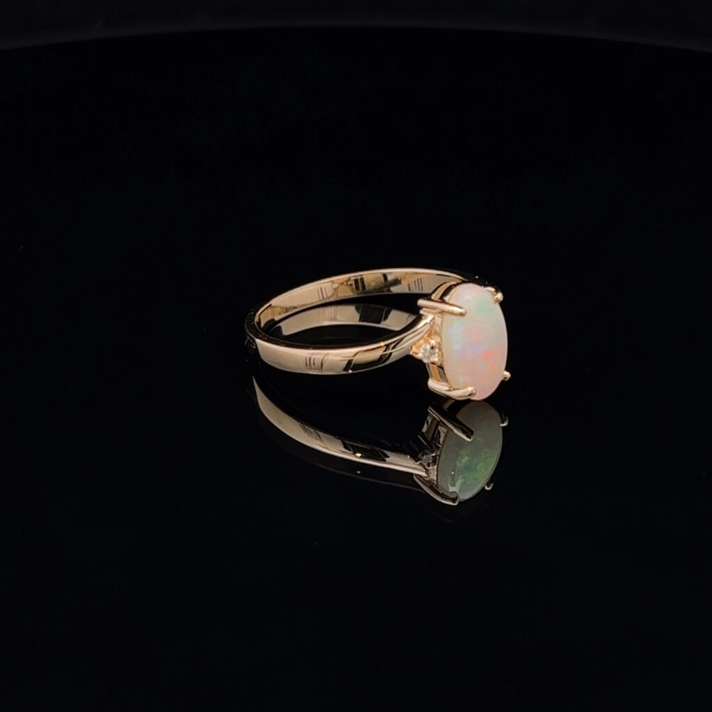 14K Yellow Gold Solid Crystal Opal & Diamond Engagement Ring