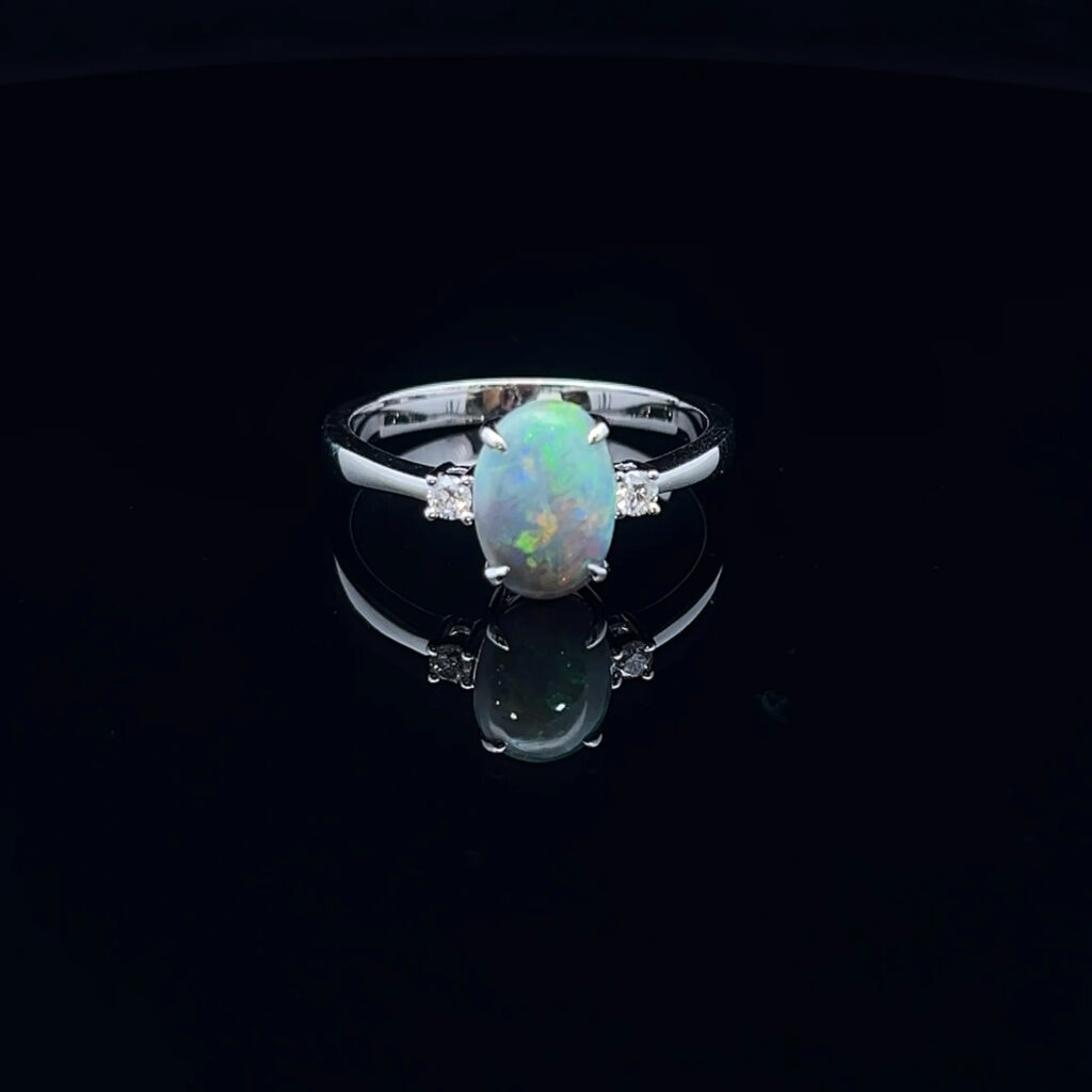 14K White Gold Solid Semi-Black Opal & Diamond Engagement Ring 826331