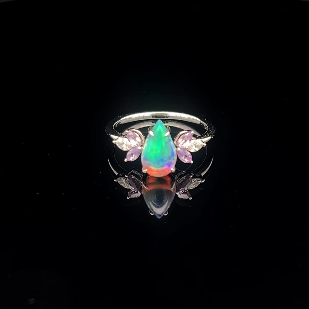 18K White Gold Solid Crystal Opal, Amethyst & Diamond Engagement Ring 826341