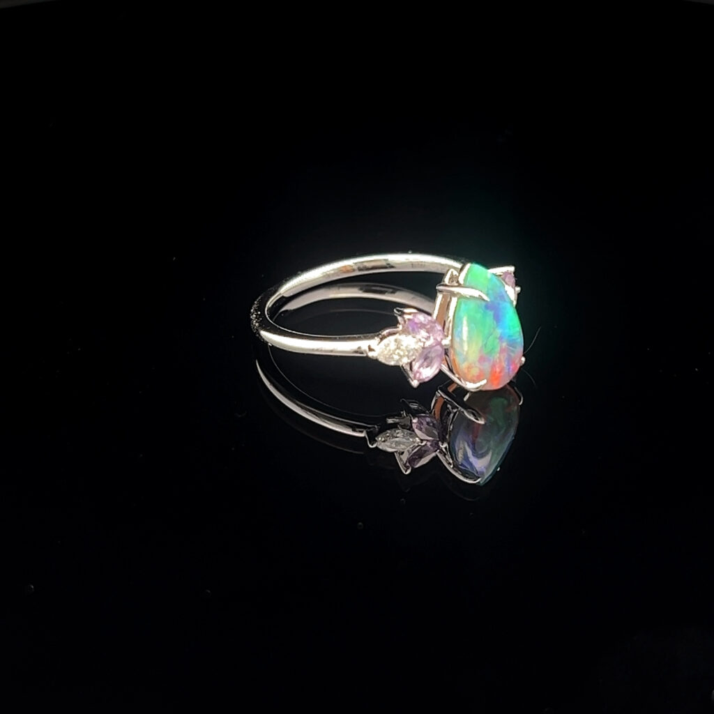 18K White Gold Solid Crystal Opal, Amethyst & Diamond Engagement Ring 826341