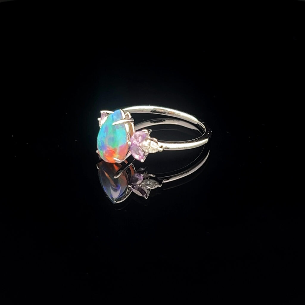18K White Gold Solid Crystal Opal, Amethyst & Diamond Engagement Ring 826341