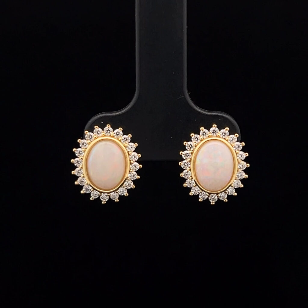 Yellow Gold Plated Sterling Silver Solid Light Opal & Cubic Zirconia Halo Stud Earrings 68694