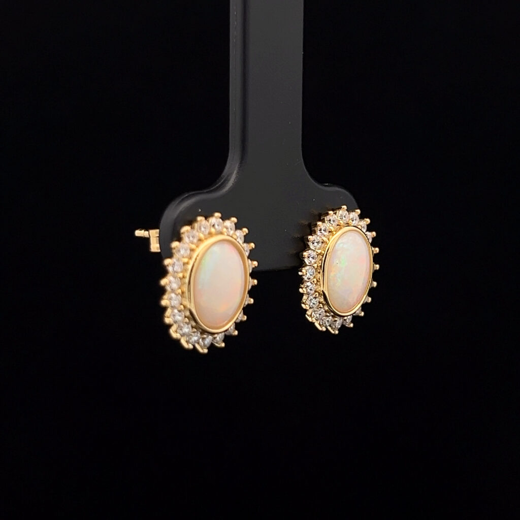 Yellow Gold Plated Sterling Silver Solid Light Opal & Cubic Zirconia Halo Stud Earrings 68694