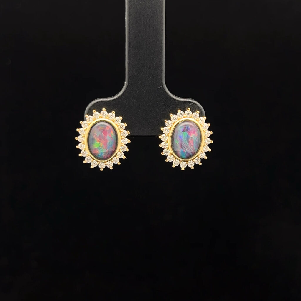 Yellow Gold Plated Sterling Silver Triplet Opal & Cubic Zirconia Halo Stud Earrings 68850