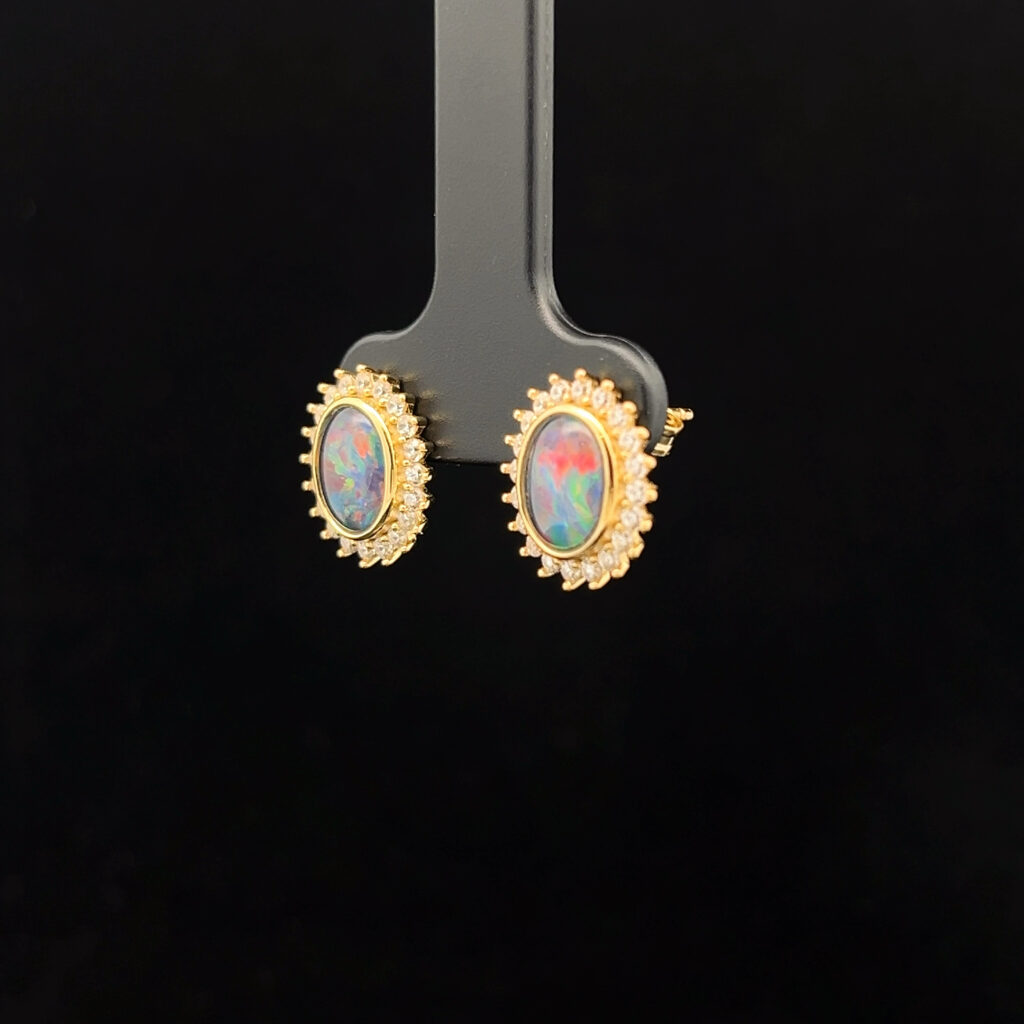 Yellow Gold Plated Sterling Silver Triplet Opal & Cubic Zirconia Halo Stud Earrings 68850