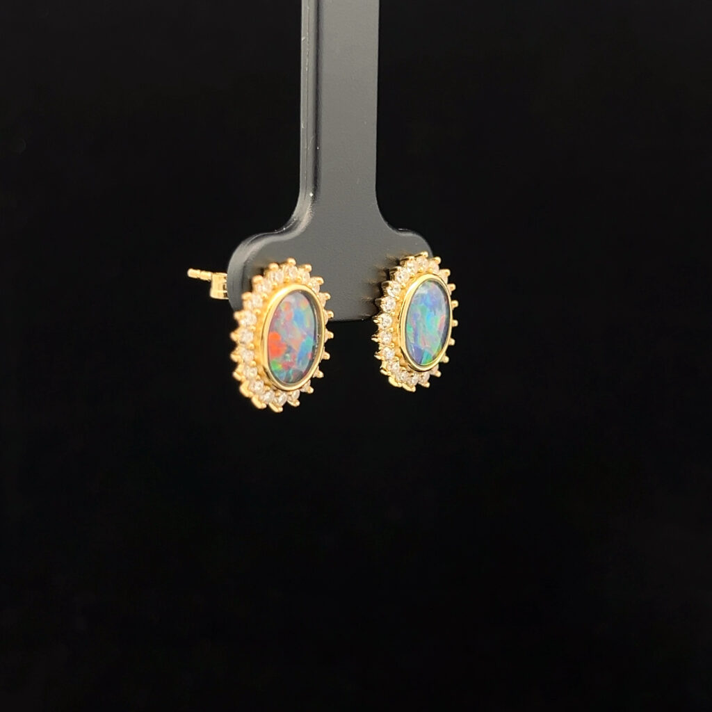 Yellow Gold Plated Sterling Silver Triplet Opal & Cubic Zirconia Halo Stud Earrings 68850