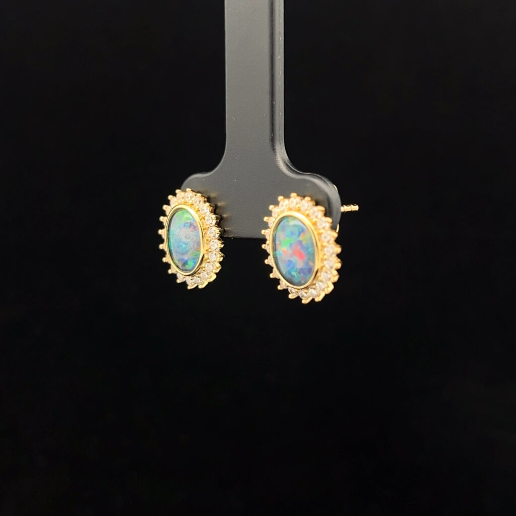 Yellow Gold Plated Sterling Silver Triplet Opal & Cubic Zirconia Halo Stud Earrings 68850