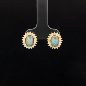 Yellow Gold Plated Sterling Silver Triplet Opal & Cubic Zirconia Halo Stud Earrings 68850