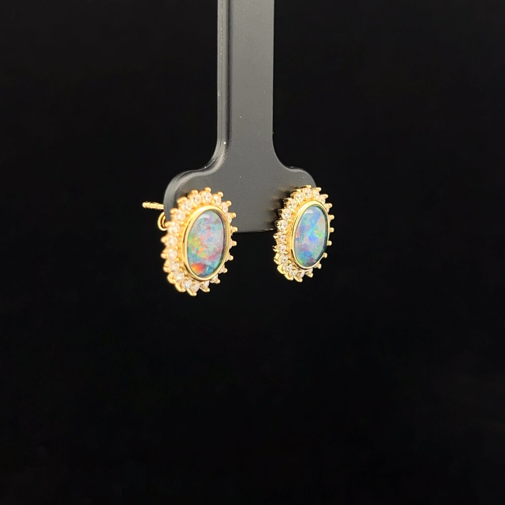 Yellow Gold Plated Sterling Silver Triplet Opal & Cubic Zirconia Halo Stud Earrings 68850