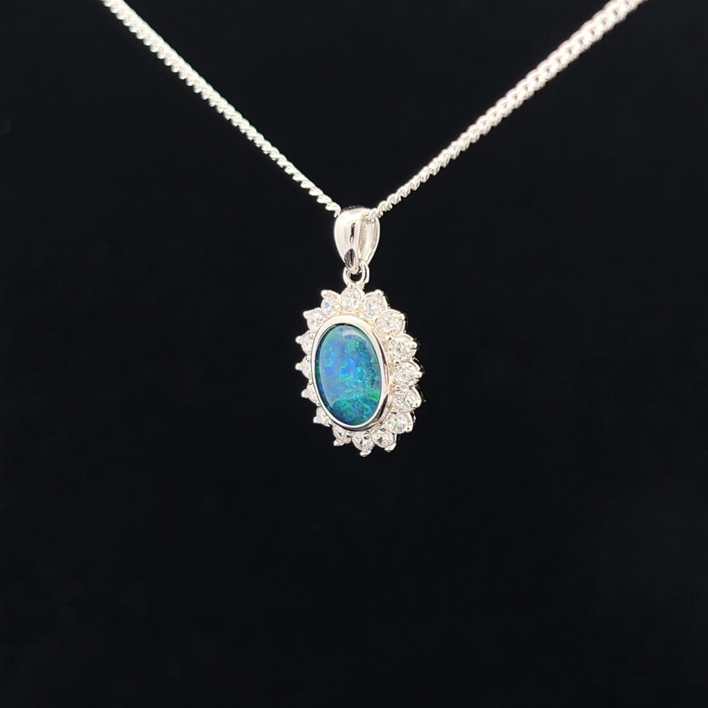 Sterling Silver Triplet Opal & Cubic Zirconia Halo Pendant 68951