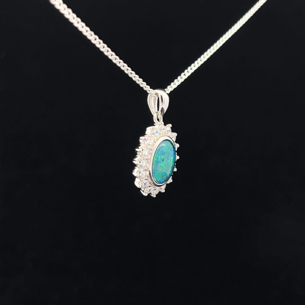 Sterling Silver Triplet Opal & Cubic Zirconia Halo Pendant 68951