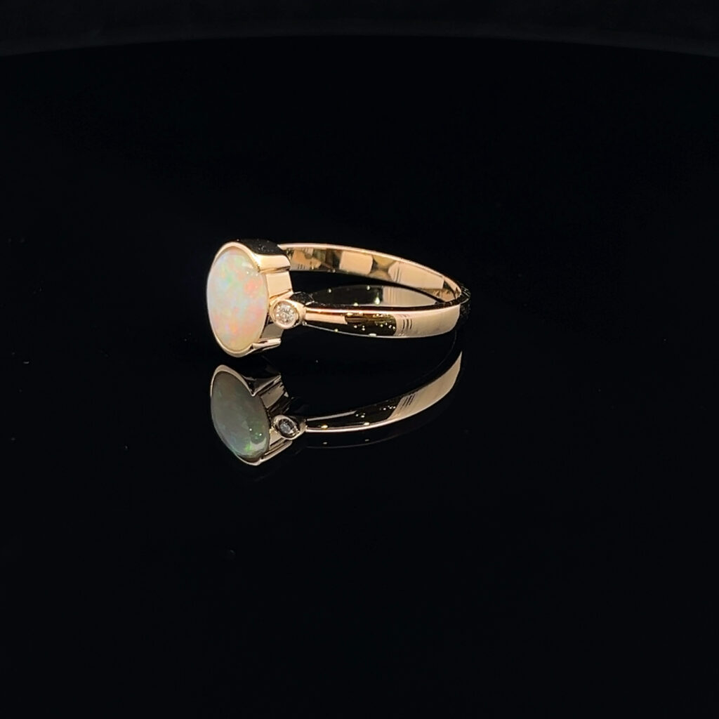 14K Yellow Gold Solid Crystal Opal & Diamond Ring