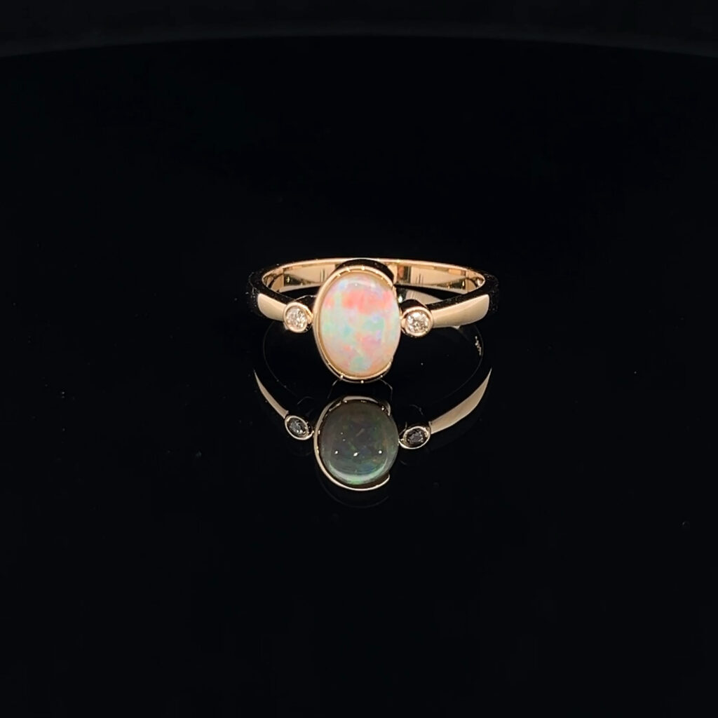 14K Yellow Gold Solid Crystal Opal & Diamond Ring