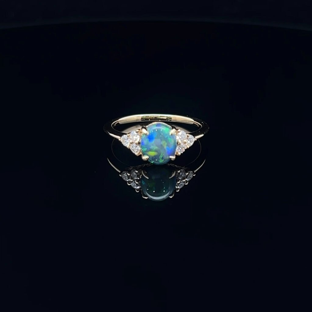 18K Yellow Gold Solid Black Opal & Diamond Engagement Ring