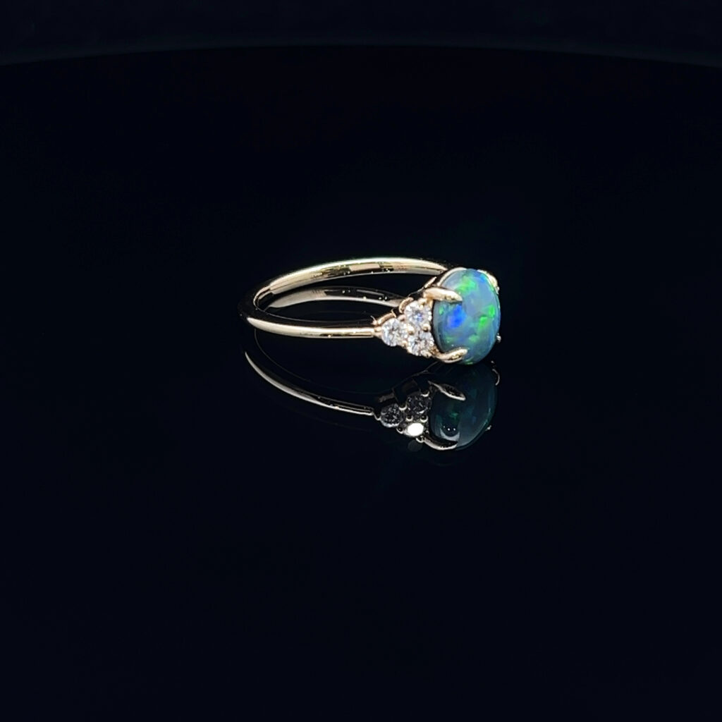 18K Yellow Gold Solid Black Opal & Diamond Engagement Ring