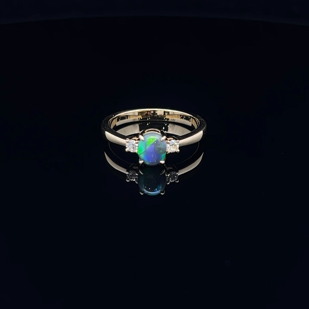 18K Yellow Gold Solid Black Opal & Diamond Engagement Ring