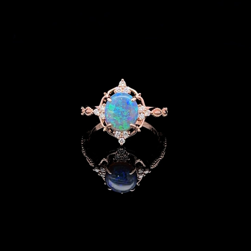 14K Rose Gold Solid Crystal Opal & Diamond Engagement Ring 826453