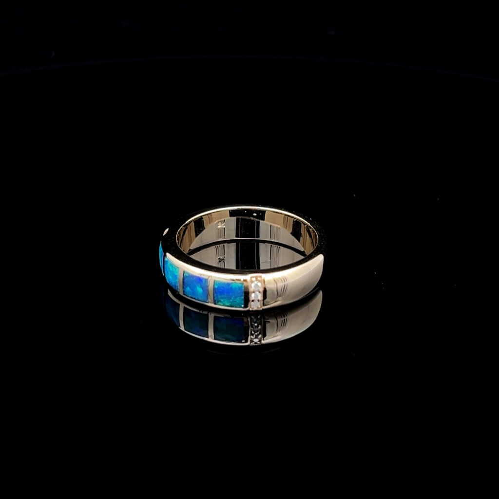 9K Yellow Gold Inlay Opal & Diamond Wedding Band 826465