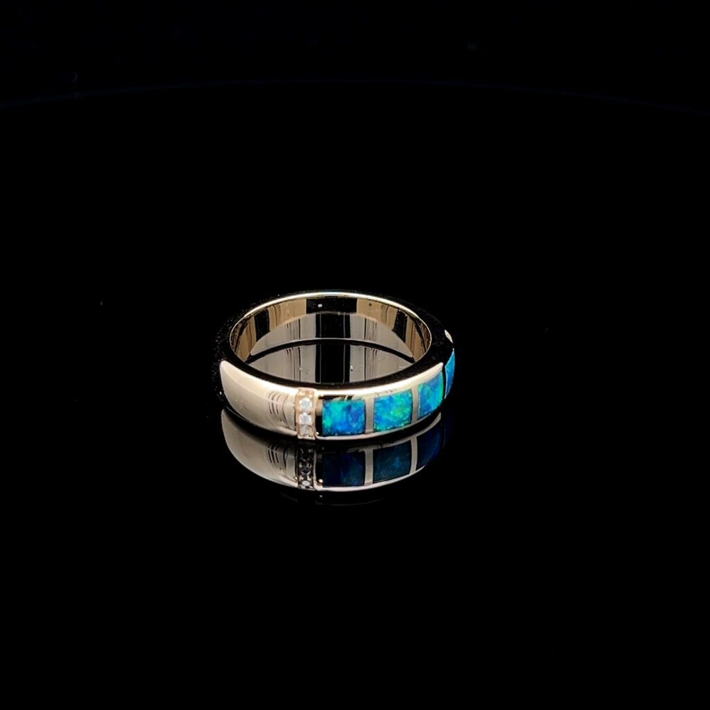 9K Yellow Gold Inlay Opal & Diamond Wedding Band 826465