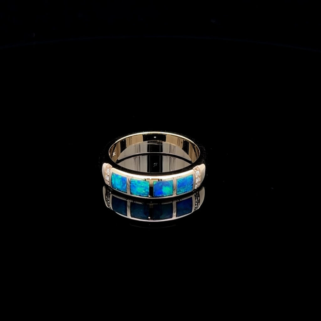 9K Yellow Gold Inlay Opal & Diamond Wedding Band 826465