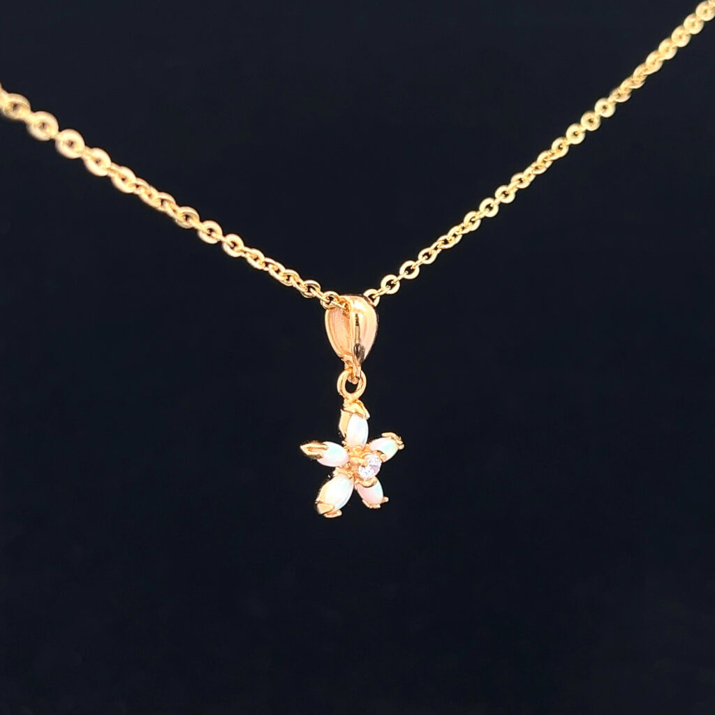 Gold Plated Sterling Silver Solid Light Opal & Cubic Zirconia Flower Pendant 109915